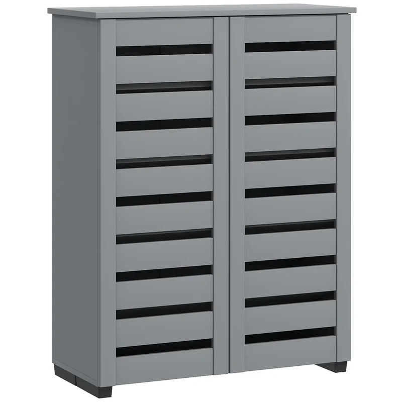 Shoe Storage Cabinet, 2 Slatted Doors, Holds 15 Pairs, Dark Grey