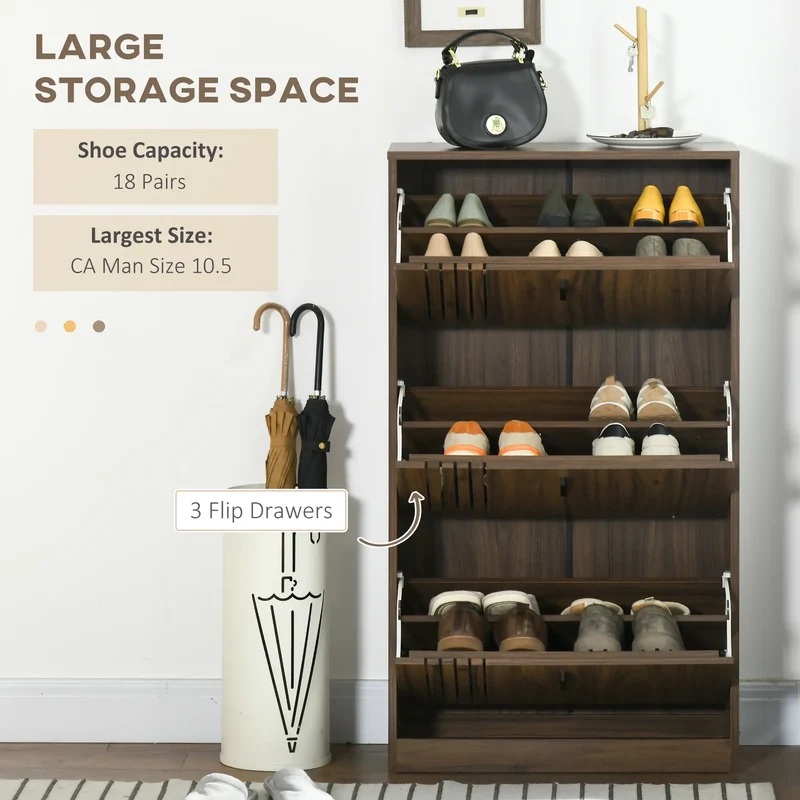Shoe Storage Cabinet, 18 Pairs, 3 Flip Drawers, Adjustable Shelves, Walnut