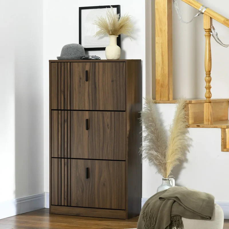 Shoe Storage Cabinet, 18 Pairs, 3 Flip Drawers, Adjustable Shelves, Walnut