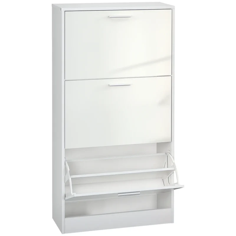 Slim Shoe Storage, 3 Flip Drawers, Adjustable Shelves, 15 Pair, High Gloss, White