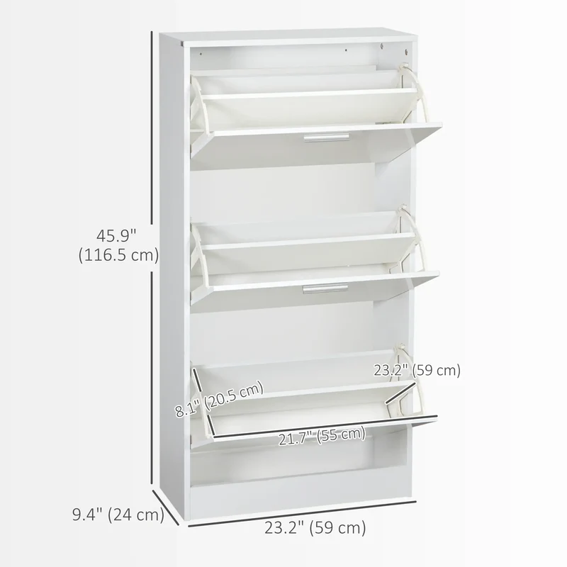 Slim Shoe Storage, 3 Flip Drawers, Adjustable Shelves, 15 Pair, High Gloss, White