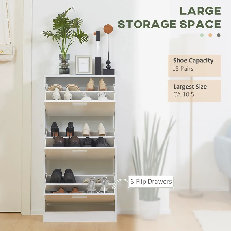 Slim Shoe Storage, 3 Flip Drawers, Adjustable Shelves, 15 Pair, High Gloss, White