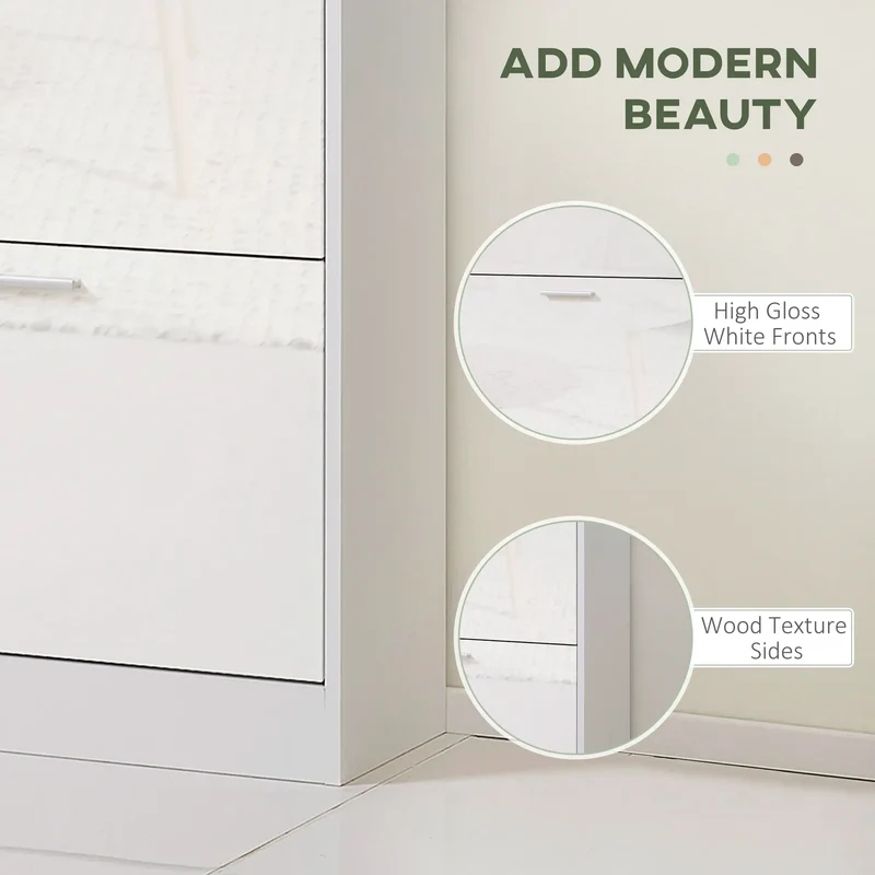 Slim Shoe Storage, 3 Flip Drawers, Adjustable Shelves, 15 Pair, High Gloss, White