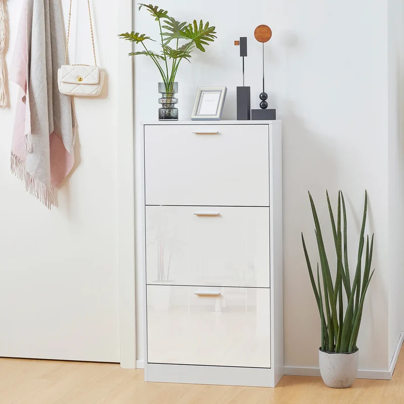 Slim Shoe Storage, 3 Flip Drawers, Adjustable Shelves, 15 Pair, High Gloss, White