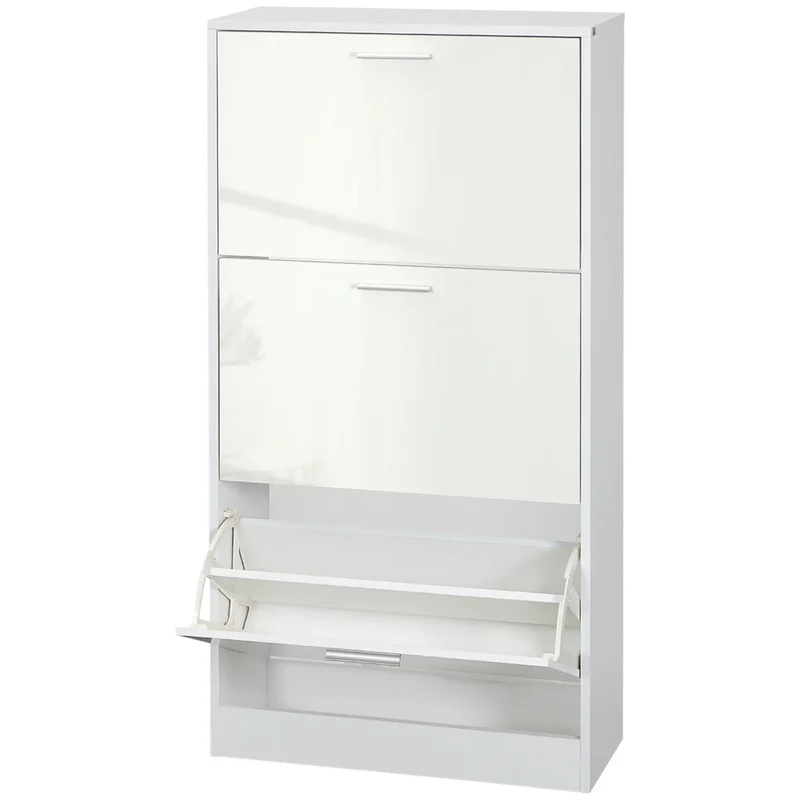 Slim Shoe Storage, 3 Flip Drawers, Adjustable Shelves, 15 Pair, High Gloss, White
