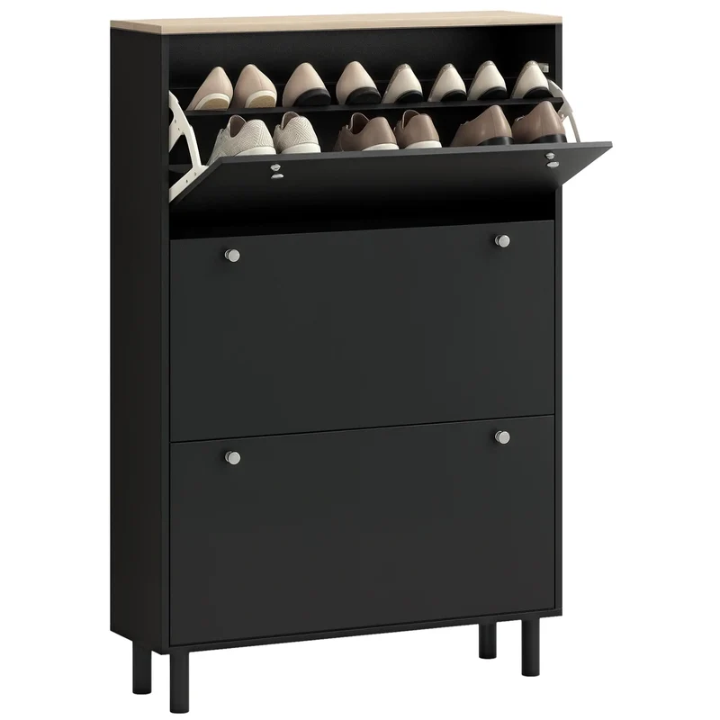 Shoe Storage, 3 Flip Drawers, Adjustable Shelves, 24 Pairs, Black