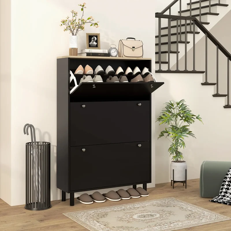 Shoe Storage, 3 Flip Drawers, Adjustable Shelves, 24 Pairs, Black