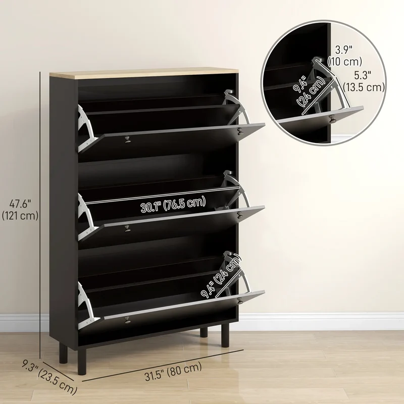 Shoe Storage, 3 Flip Drawers, Adjustable Shelves, 24 Pairs, Black