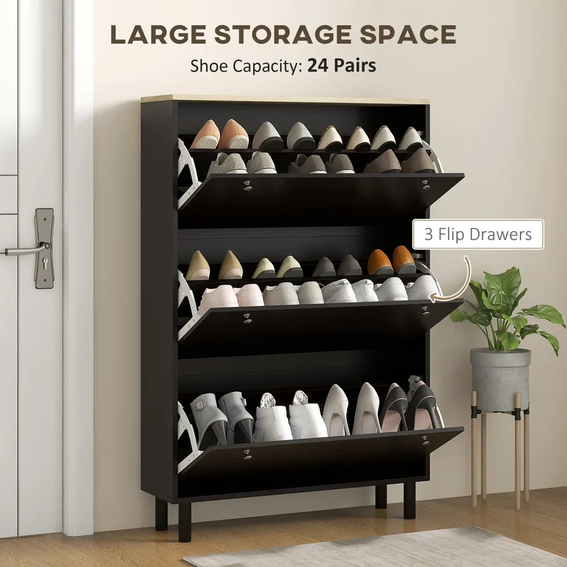 Shoe Storage, 3 Flip Drawers, Adjustable Shelves, 24 Pairs, Black