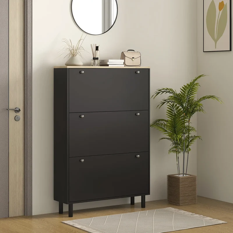 Shoe Storage, 3 Flip Drawers, Adjustable Shelves, 24 Pairs, Black