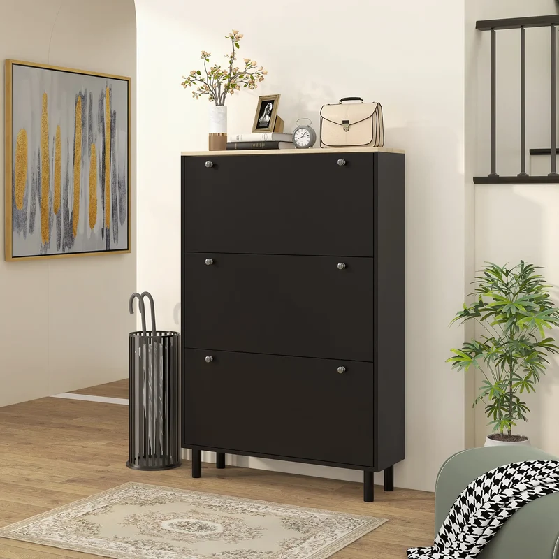 Shoe Storage, 3 Flip Drawers, Adjustable Shelves, 24 Pairs, Black