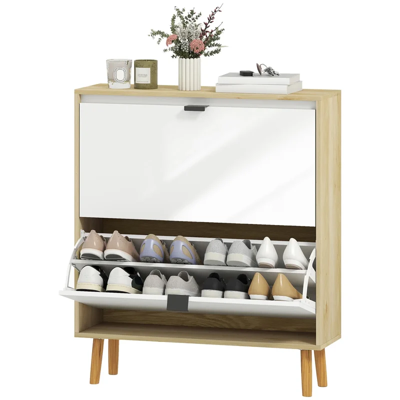 Narrow Shoe Cabinet, 2 Flip Drawers, Adjustable Shelves, Holds 16 Pairs, White