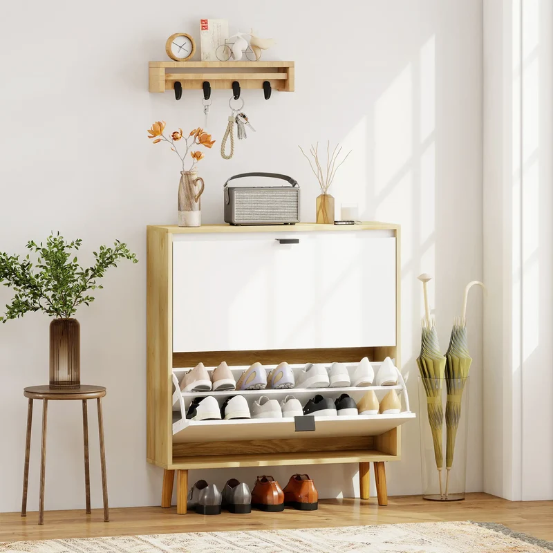 Narrow Shoe Cabinet, 2 Flip Drawers, Adjustable Shelves, Holds 16 Pairs, White