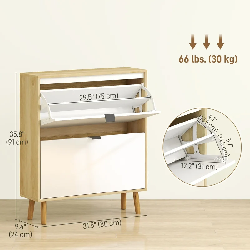 Narrow Shoe Cabinet, 2 Flip Drawers, Adjustable Shelves, Holds 16 Pairs, White