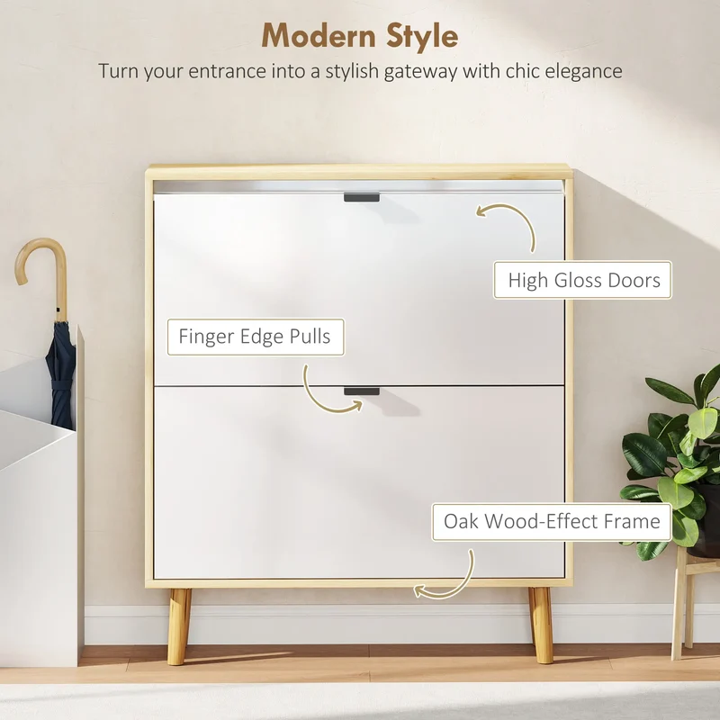 Narrow Shoe Cabinet, 2 Flip Drawers, Adjustable Shelves, Holds 16 Pairs, White