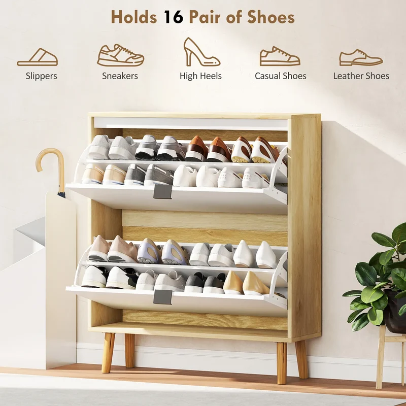Narrow Shoe Cabinet, 2 Flip Drawers, Adjustable Shelves, Holds 16 Pairs, White