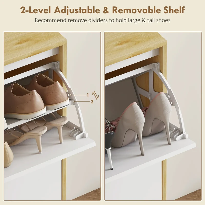 Narrow Shoe Cabinet, 2 Flip Drawers, Adjustable Shelves, Holds 16 Pairs, White