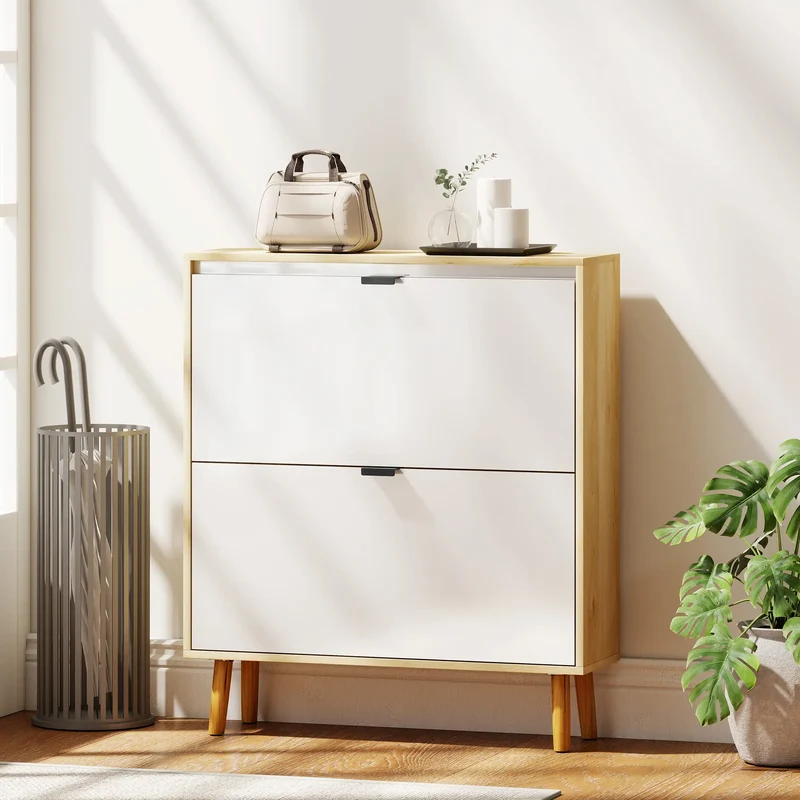 Narrow Shoe Cabinet, 2 Flip Drawers, Adjustable Shelves, Holds 16 Pairs, White