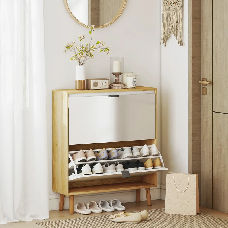 Narrow Shoe Cabinet, 2 Flip Drawers, Adjustable Shelves, Holds 16 Pairs, White