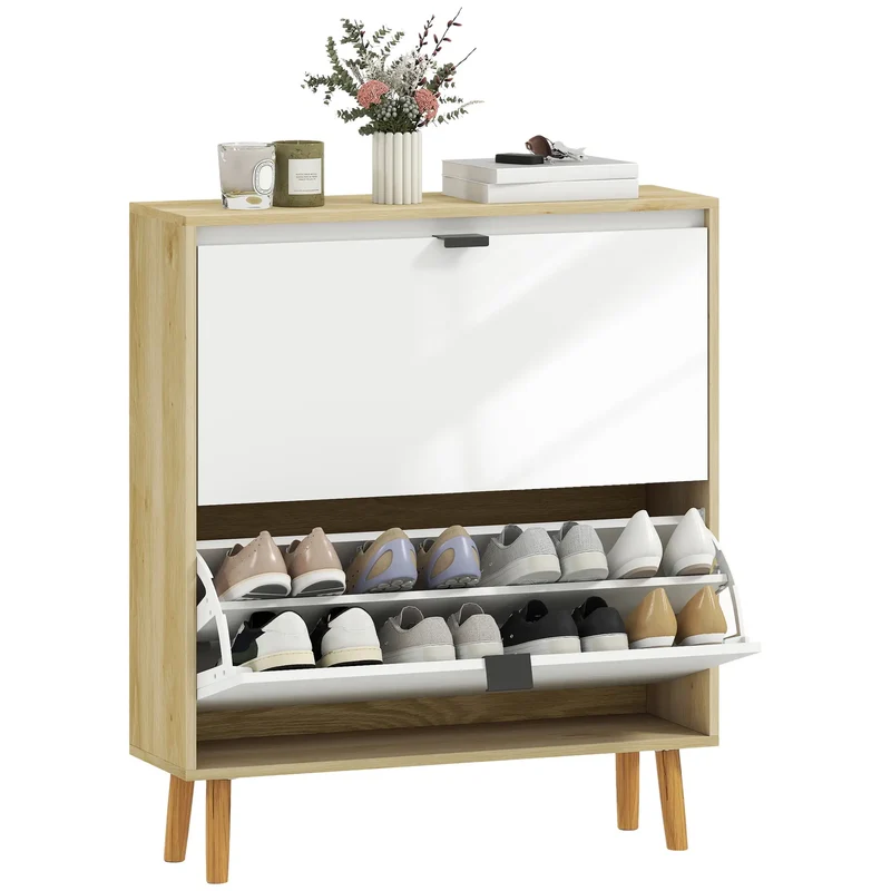 Narrow Shoe Cabinet, 2 Flip Drawers, Adjustable Shelves, Holds 16 Pairs, White