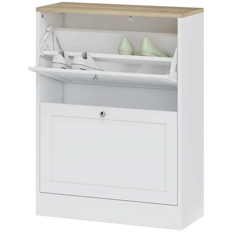 Slim Shoe Storage Cabinet, 2 Flip Drawers, Adjustable Shelves for 12 Pairs, White