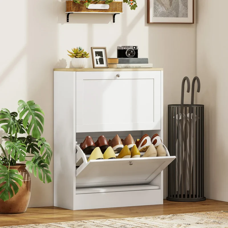 Slim Shoe Storage Cabinet, 2 Flip Drawers, Adjustable Shelves for 12 Pairs, White