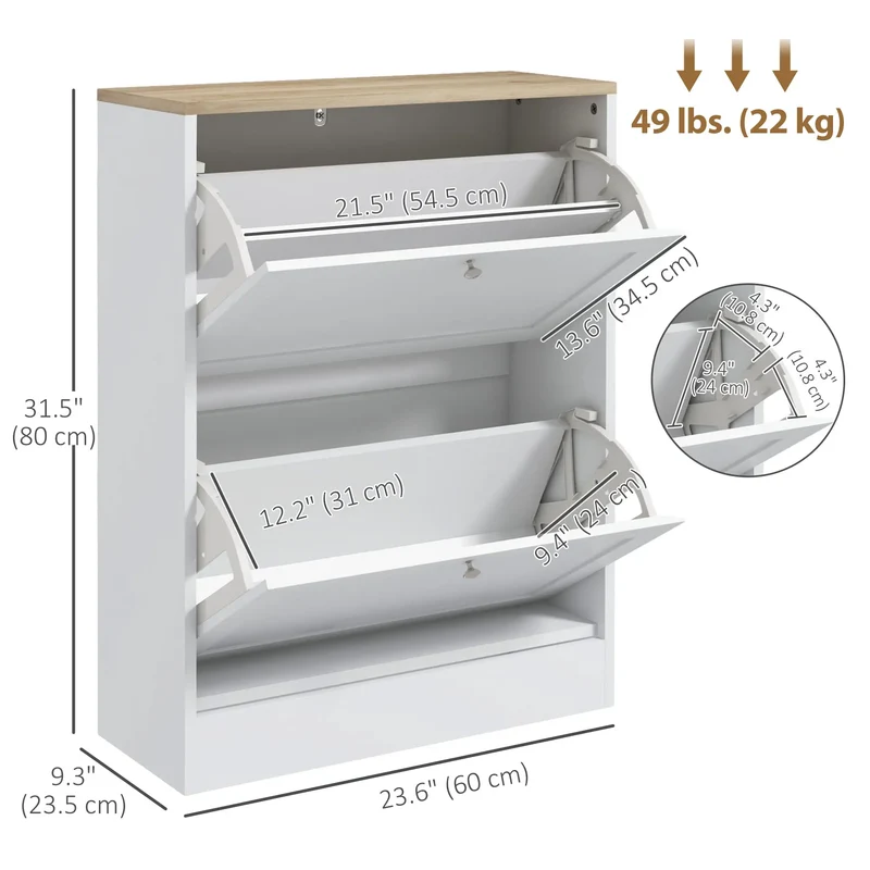 Slim Shoe Storage Cabinet, 2 Flip Drawers, Adjustable Shelves for 12 Pairs, White