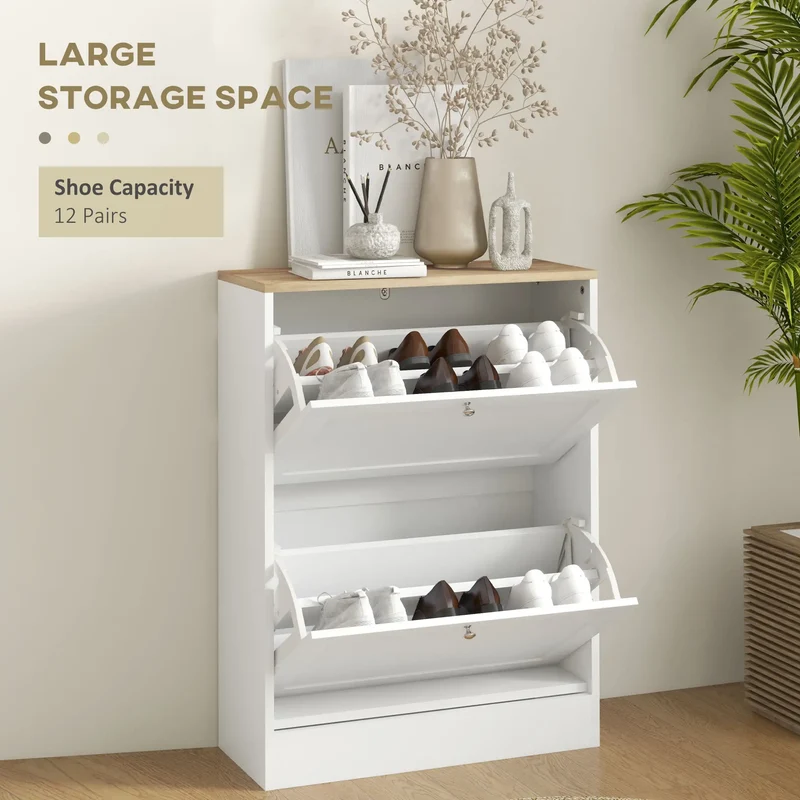 Slim Shoe Storage Cabinet, 2 Flip Drawers, Adjustable Shelves for 12 Pairs, White