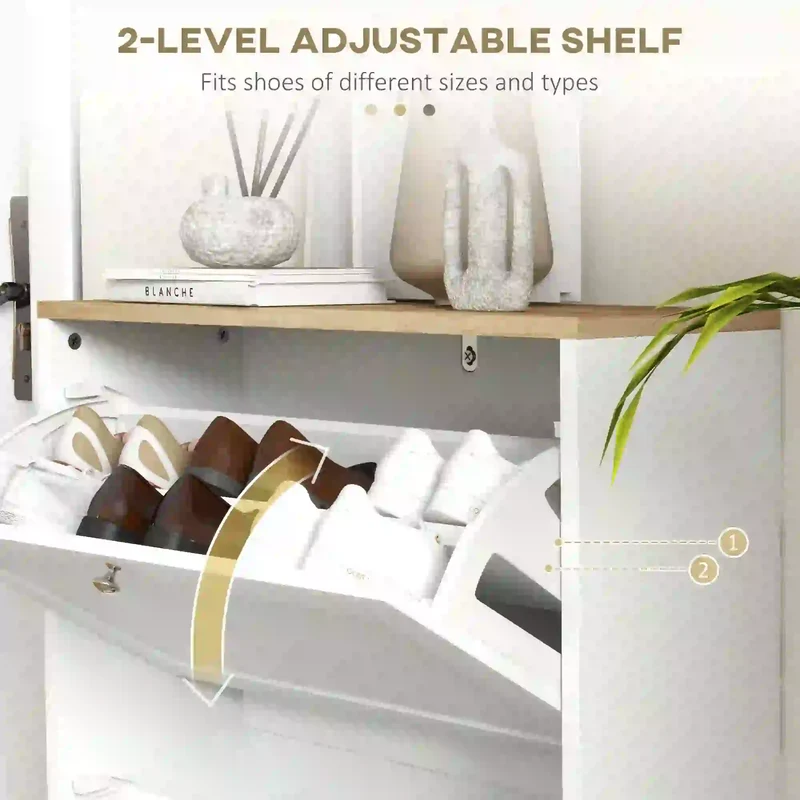 Slim Shoe Storage Cabinet, 2 Flip Drawers, Adjustable Shelves for 12 Pairs, White