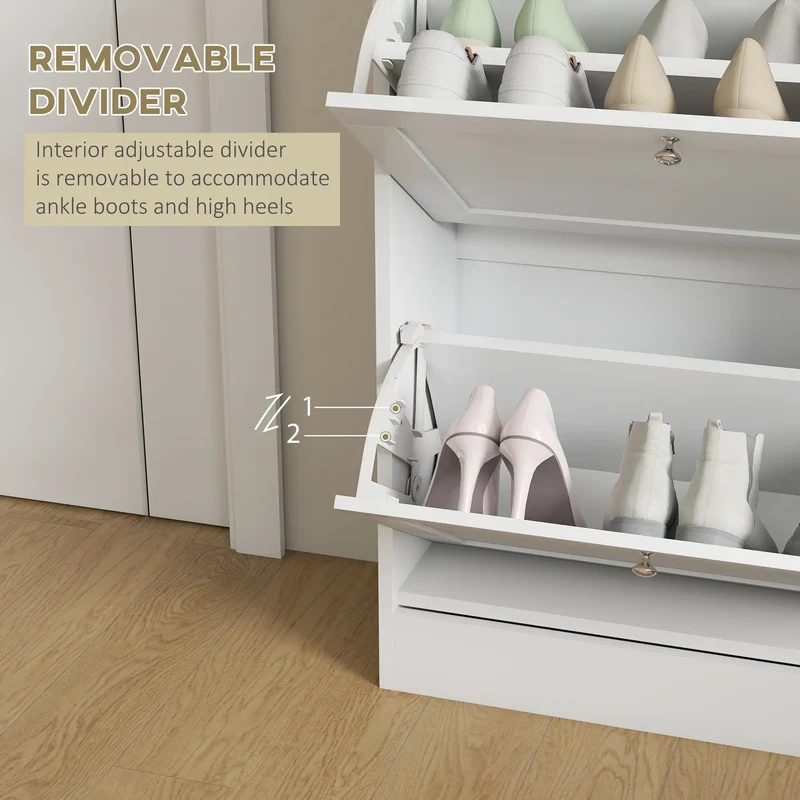 Slim Shoe Storage Cabinet, 2 Flip Drawers, Adjustable Shelves for 12 Pairs, White