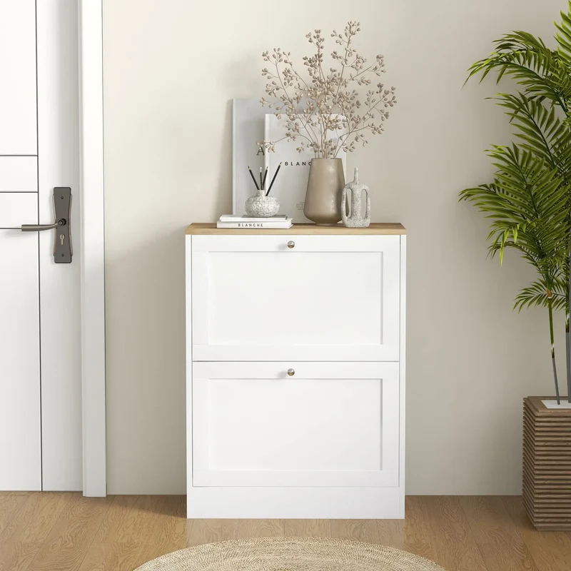 Slim Shoe Storage Cabinet, 2 Flip Drawers, Adjustable Shelves for 12 Pairs, White