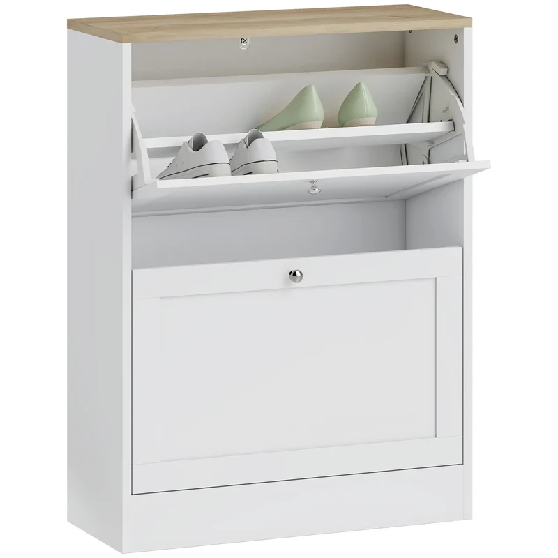 Slim Shoe Storage Cabinet, 2 Flip Drawers, Adjustable Shelves for 12 Pairs, White