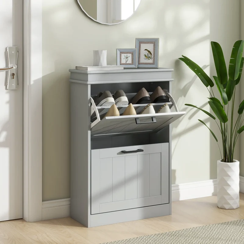 Shoe Storage Cabinet, 2 Flip Drawers, Adjustable Shelves, 10 Pairs, Grey