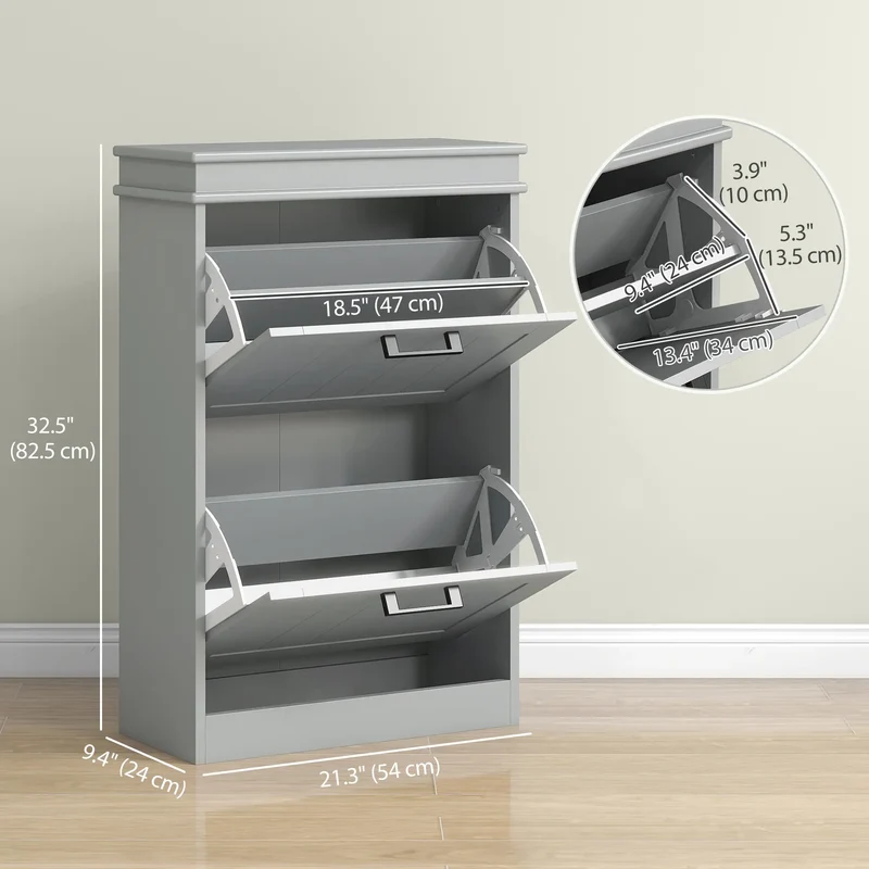 Shoe Storage Cabinet, 2 Flip Drawers, Adjustable Shelves, 10 Pairs, Grey