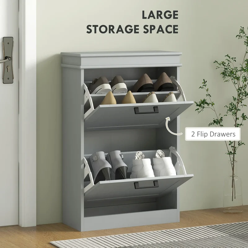 Shoe Storage Cabinet, 2 Flip Drawers, Adjustable Shelves, 10 Pairs, Grey