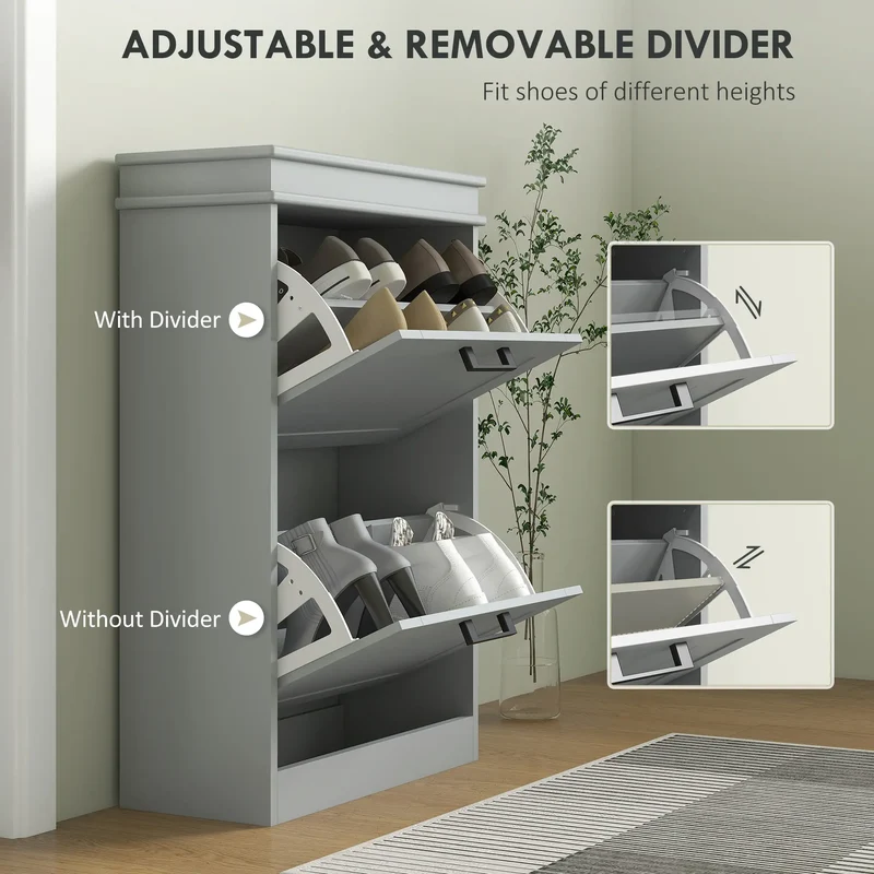 Shoe Storage Cabinet, 2 Flip Drawers, Adjustable Shelves, 10 Pairs, Grey