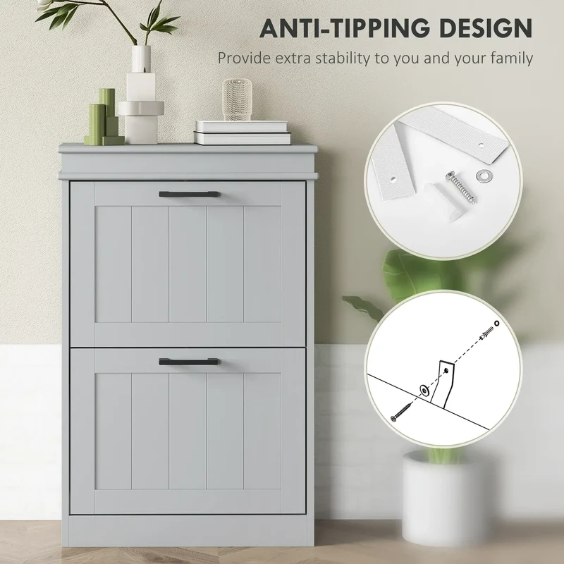 Shoe Storage Cabinet, 2 Flip Drawers, Adjustable Shelves, 10 Pairs, Grey
