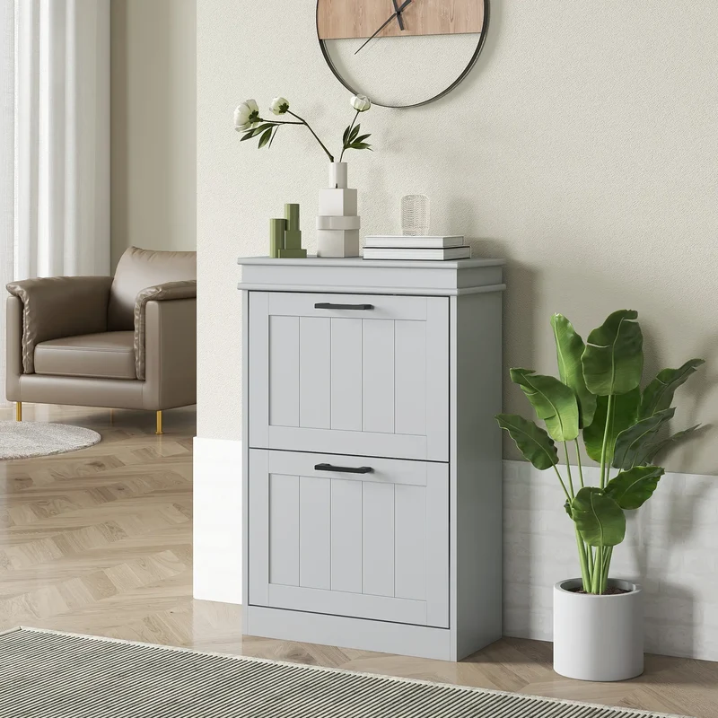 Shoe Storage Cabinet, 2 Flip Drawers, Adjustable Shelves, 10 Pairs, Grey