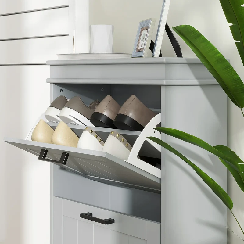 Shoe Storage Cabinet, 2 Flip Drawers, Adjustable Shelves, 10 Pairs, Grey