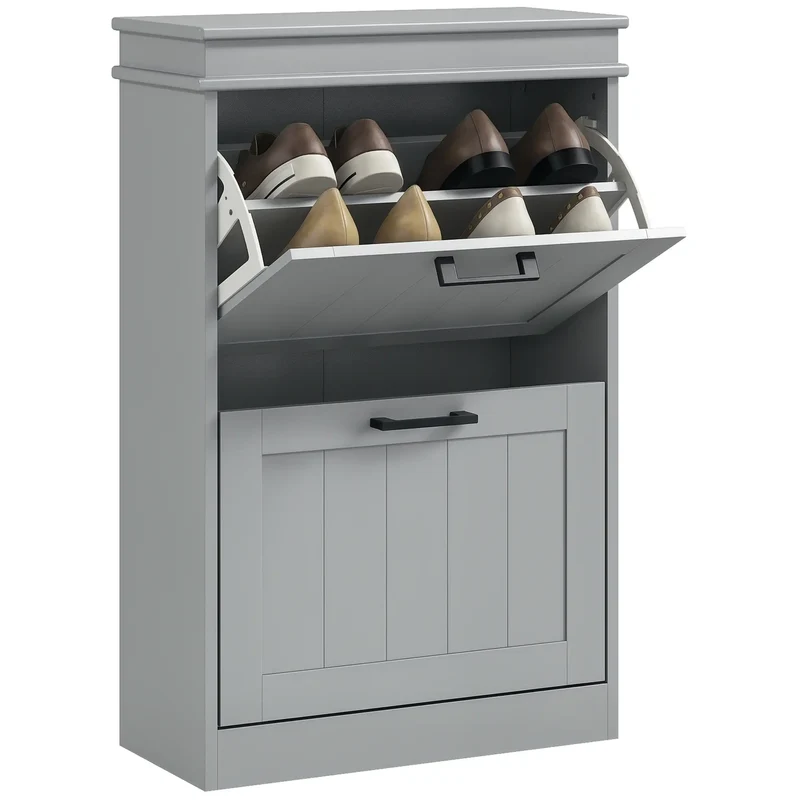 Shoe Storage Cabinet, 2 Flip Drawers, Adjustable Shelves, 10 Pairs, Grey