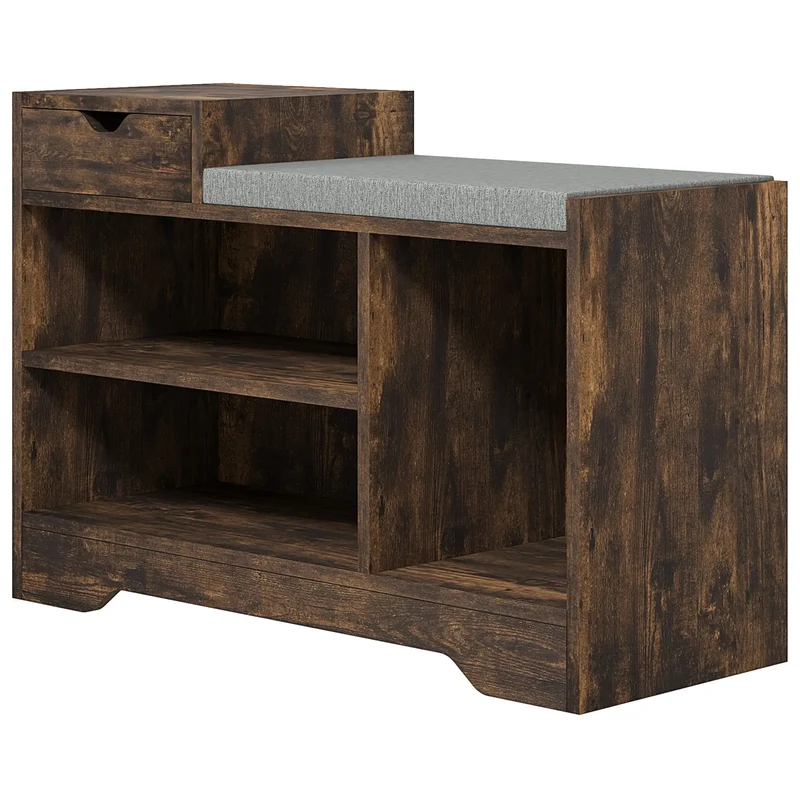 Upholstered Shoe Storage Bench, Seat, Drawer, 3 Shelves, Brown