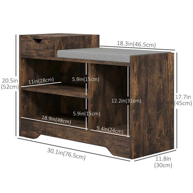 Upholstered Shoe Storage Bench, Seat, Drawer, 3 Shelves, Brown