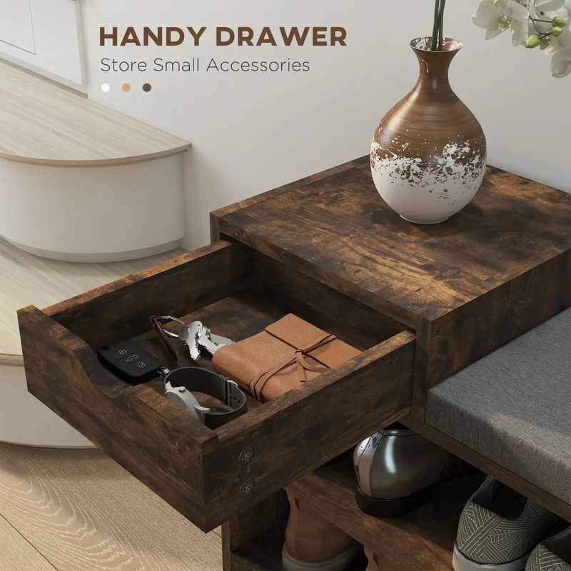 Upholstered Shoe Storage Bench, Seat, Drawer, 3 Shelves, Brown