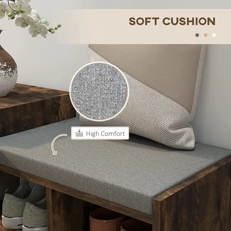 Upholstered Shoe Storage Bench, Seat, Drawer, 3 Shelves, Brown