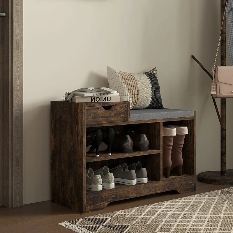 Upholstered Shoe Storage Bench, Seat, Drawer, 3 Shelves, Brown