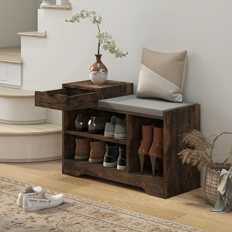 Upholstered Shoe Storage Bench, Seat, Drawer, 3 Shelves, Brown