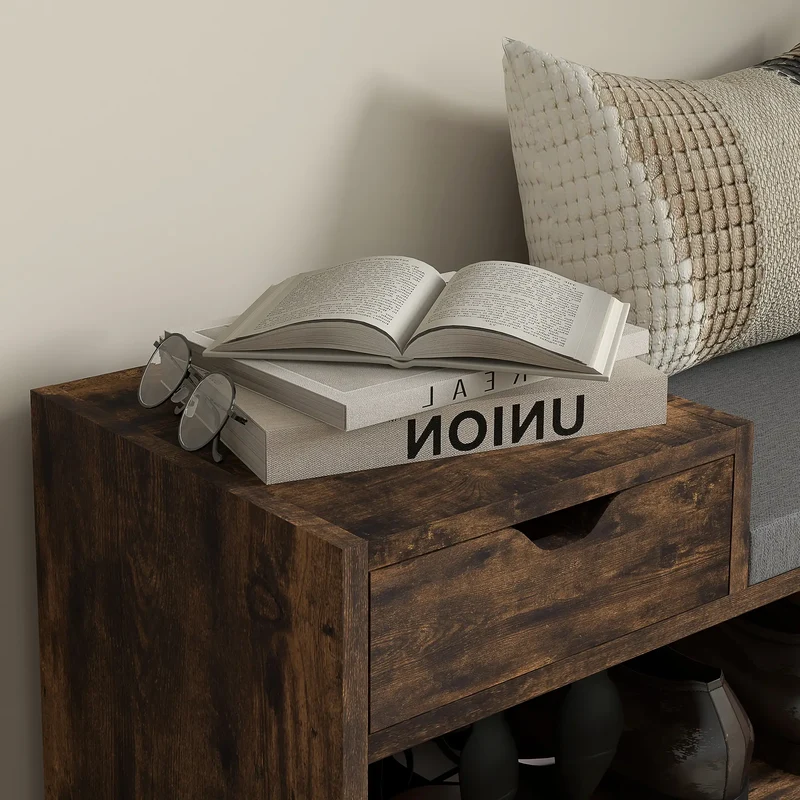 Upholstered Shoe Storage Bench, Seat, Drawer, 3 Shelves, Brown