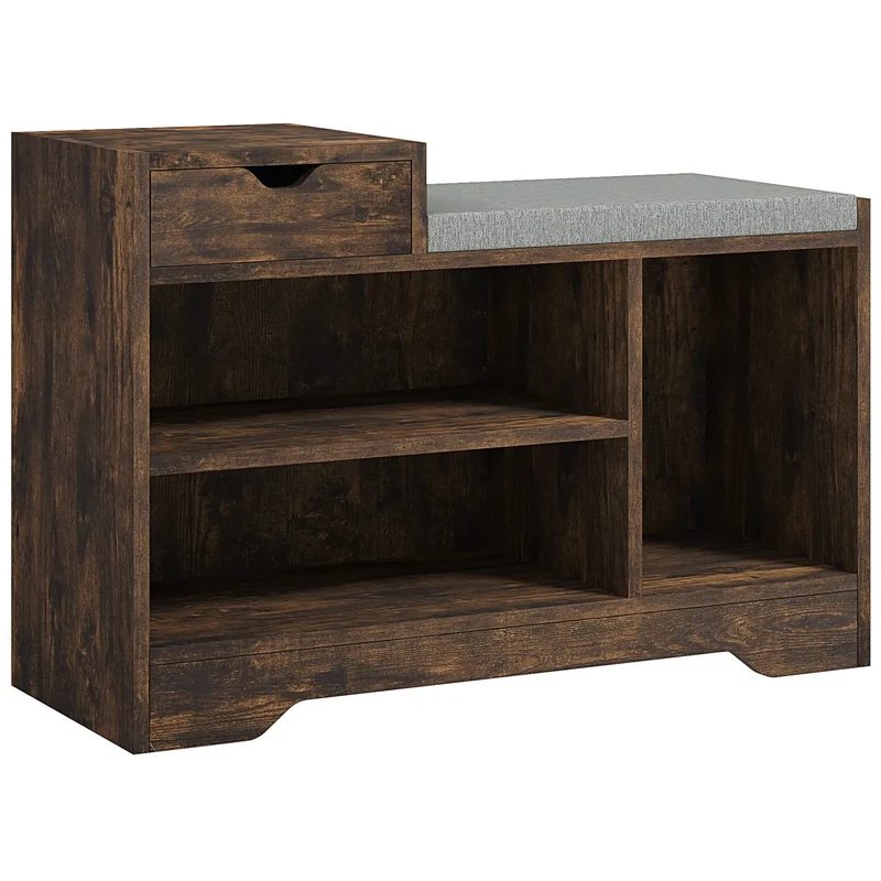 Upholstered Shoe Storage Bench, Seat, Drawer, 3 Shelves, Brown