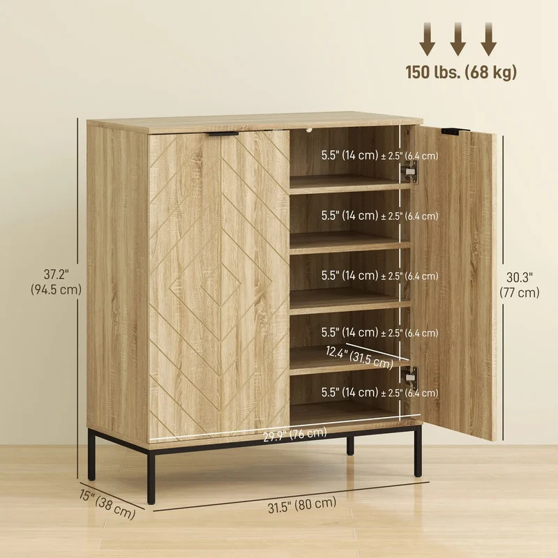 Shoe Storage Cabinet for 15 Pairs, Adjustable Shelves, Oak