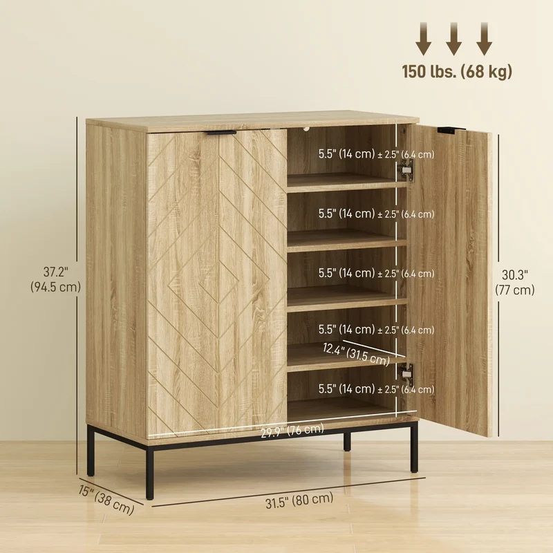 Shoe Storage Cabinet for 15 Pairs, Adjustable Shelves, Oak